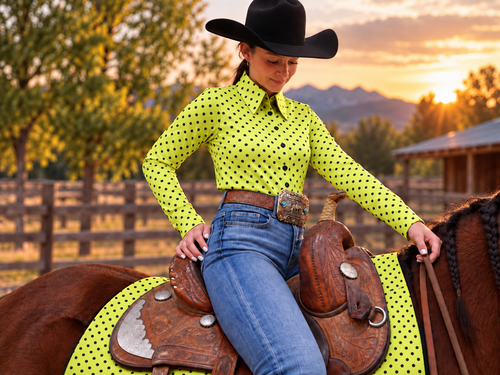 Bright Yellow-Green with Black Polka Dots Show Skinz western saddle pad cover on horse